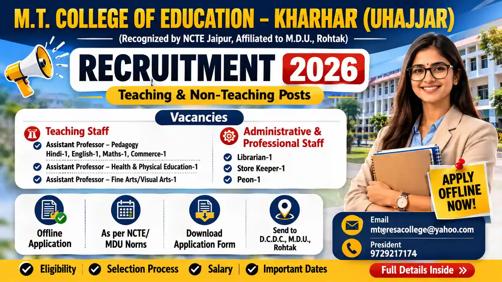 MT College of Education Jhajjar Offline Form 2026